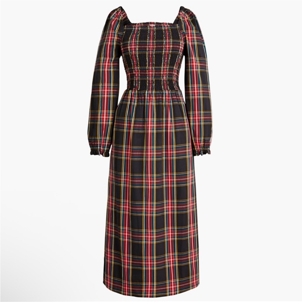 J. Crew Cotton-blend poplin smocked midi dress Stewart Tartan Plaid Size Small